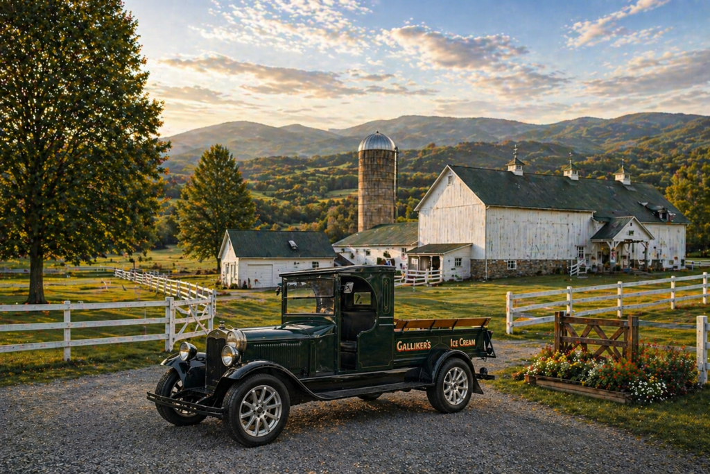 Vintage Galliker's truck in front of farm